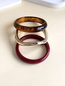 LADYCOCO 3pcs Vintage Style Coffee & Burgundy Bracelets Set With Gold Geometric Rings, Women Accessories - Multicolor - View 3