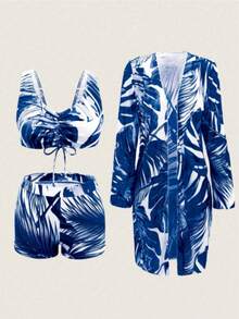 Swim Lushoire Women's Tropical Flora Print Drawstring Front Sexy Bikini Set With Robe Summer - Blue - View 3