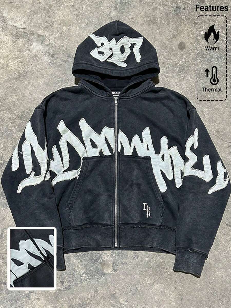 Y2K Pattern Zipper Hoodie Street Sweatshirt Neutral Hip Hop Casual Graffiti Printed Jacket - Black - View 1