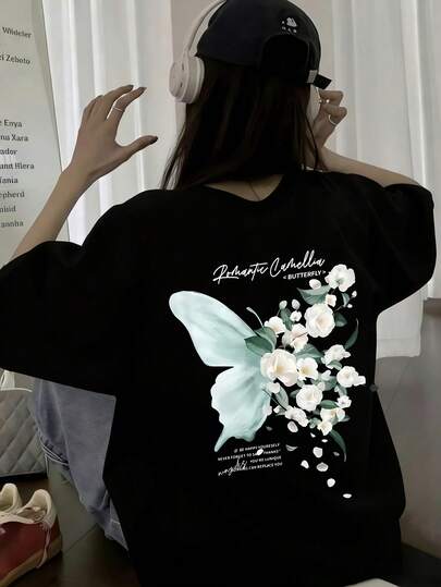 Y2K蝴蝶印花短袖T恤，女士夏季休闲宽松圆领百搭修身上衣