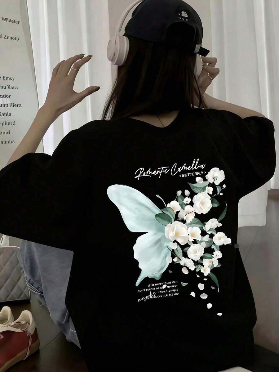 Áo thun ngắn tay in hình bướm Y2K, áo nữ mùa hè dáng rộng thoải mái cổ tròn đa năng ôm sát. - màu đen - Xem 1