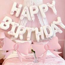 37pcs 16-Inch White Birthday Banner With Pink Bow Shaped Foil Balloon Set, Suitable For Birthday Party Decoration - View 5