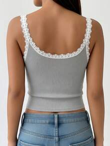 1 pieza Top tipo camiseta con parches de encaje sexy y busto acolchado, top corto de canalé sin mangas ajustado, apto para todas las estaciones - Gris - Ver 6