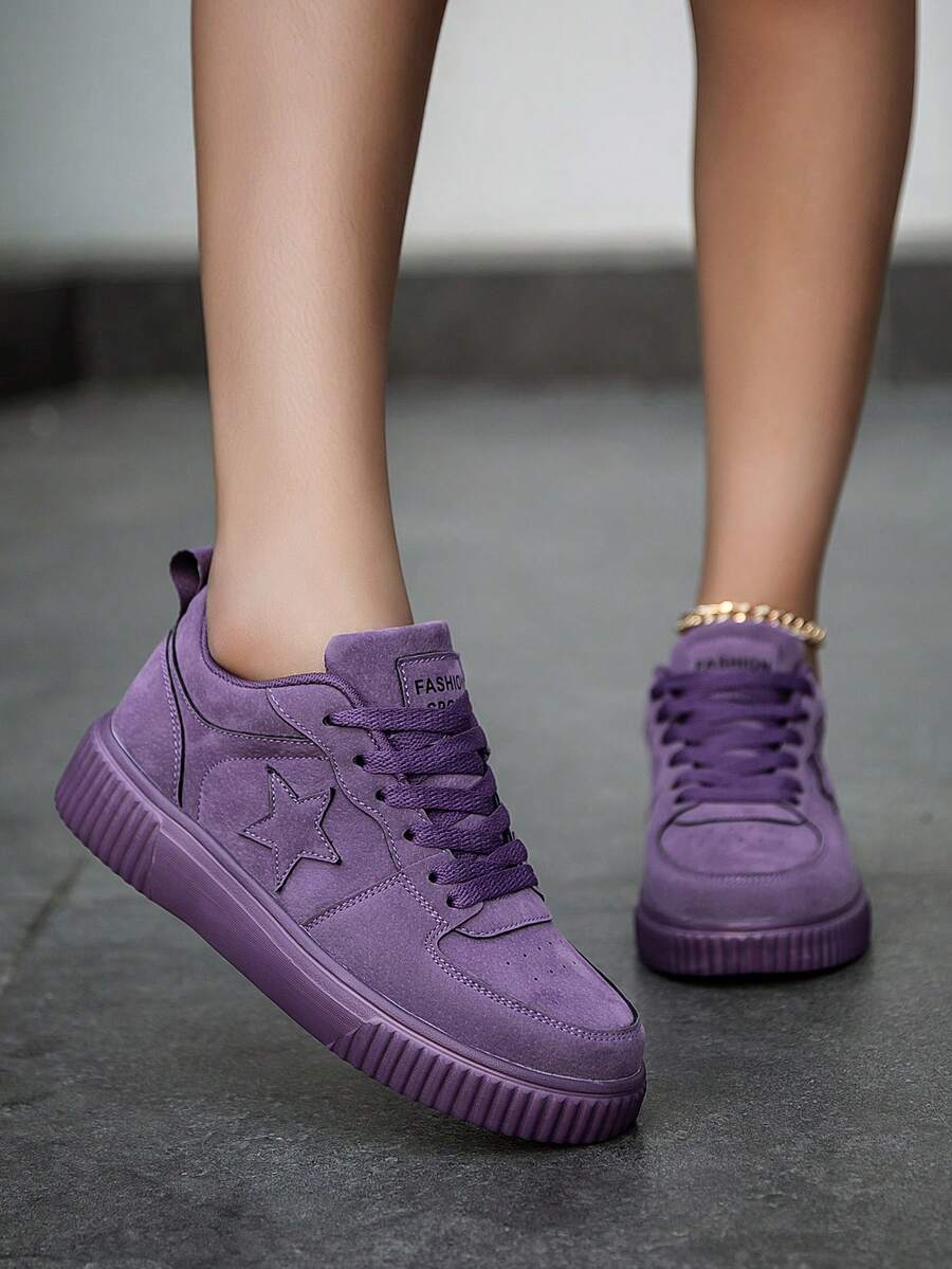 2026 Women's Sweet Style Pink Suede Sneakers With Star Decoration Lace-Up Thick Sole Comfortable Casual Shoes For Daily Wear Fashionable Girl - 紫色 - 查看 1