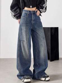 少女休闲水洗低腰阔腿牛仔裤 - 藍色 - 查看 3