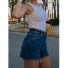 Quần short denim dáng suông, không cạp, phong cách retro châu Âu và Mỹ mới mùa Xuân/Hè, màu xanh lam bạc màu, thanh lịch, gấu quần tua rua, kiểu dáng thường ngày đa năng. - Rửa trung bình - Xem 3