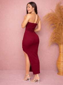 Long Draped, Single-Strap, Slit Dress - Maroon - View 4
