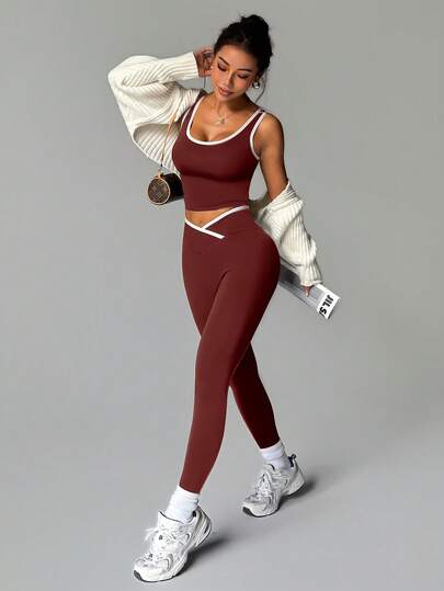 2pcs Women Yoga Contrast Color Activewear Set, Sleeveless Top And Leggings, Seamless Yoga Sports Suit, Sports 2 Pieces Set, Fitness Workout Outfit
