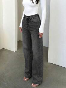 Quần jeans nữ dáng suông rộng, tối giản, cạp chun, phong cách retro. - Xám - Xem 2