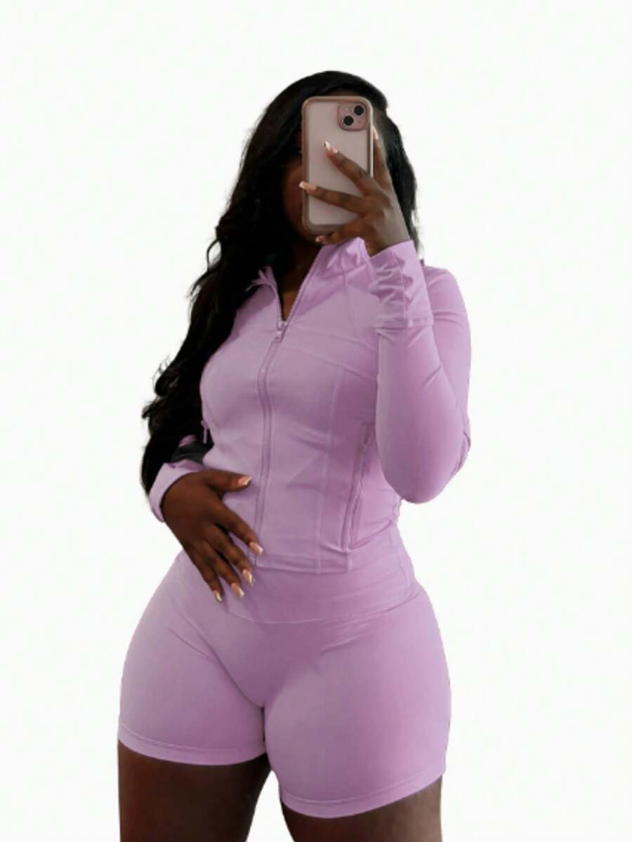 Women's Modest Long Sleeve High Neck Two-Piece Outfit With Contrast Piping Full Zip Top And Shorts Set, Non-Stretch Fabric For A Bodycon Fit - 淺紫色3 - 查看 1