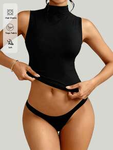 Top de yoga sans manches à col montant pour femmes Fyxelle, couche de base ajustée et sans couture à haute élasticité, débardeur de fitness et de sport polyvalent, doux et agréable pour la peau - Noir - Voir 6