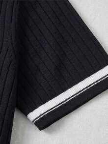 Men's Casual Vertical Ribbed Knit Polo Shirt, Contrast Trim Collar Short Sleeve Top - Black - View 8