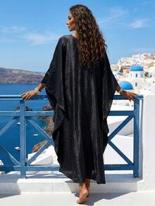 Women's Solid Color Kaftan Maxi Dress, V Neck Batwing Sleeve, Crochet Boho Beach Cover Up, Loose Fall Vacation Party Wedding Holiday Plus Size - Black - View 6
