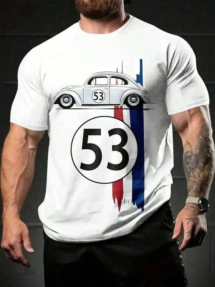 1pc Vintage Racing Car Graphic T-Shirt, Men's Casual Round Neck Tee, 100% Polyester Knit Fabric With Slight Stretch, Regular Fit Short Sleeve Top, Suitable For Summer Streetwear Festival Outfit Männer - Nhiều màu - Xem 3