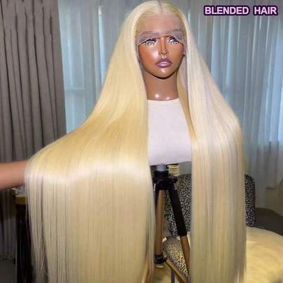 200% Density Natural 613# Blonde Long Straight Lace Front Wigs Blended Hair 13x4 HD Transparent Bone Straight Lace Front Wigs For Black Women Straight Lace Frontal Wig 8-34 Inch Pre Plucked Natural Hairline With Baby Hair For Women Daily Use