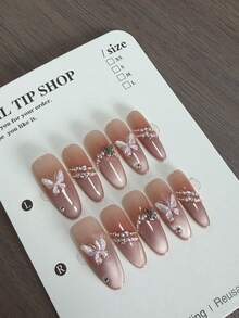 1 Gói/10 Móng Tay Giả Thủ Công Màu Hồng Hình Mắt Mèo Kiểu Pháp 3D Hình Bướm Ngọc Trai Đính Kim Cương Nhỏ, Móng Tay Giả Dài Hình Hạnh Nhân Ngọt Ngào Che Phủ Toàn Bộ Móng Tay Cho Ngày Valentine, Móng Tay Cô Dâu, Dụng Cụ Làm Móng Tự Chế Tại Nhà - Hồng - Xem 6