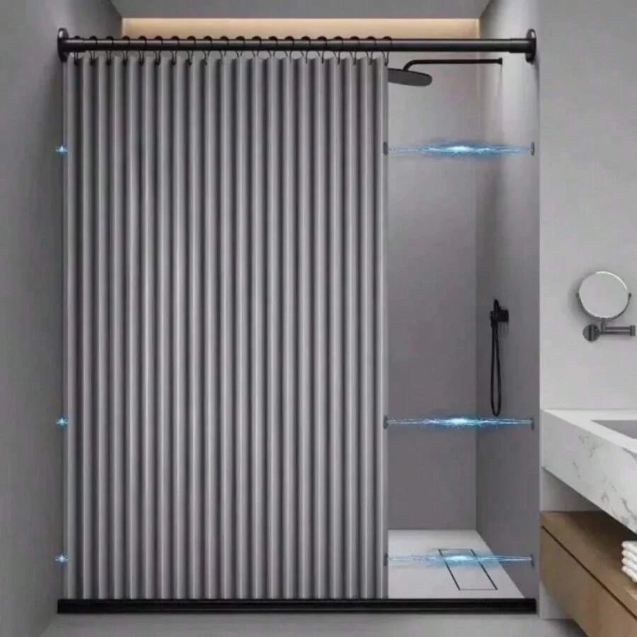 Bộ rèm tắm gấp gọn, rèm vải chống thấm nước, chống nấm mốc, có nam châm, dùng để phân chia khu vực khô và ướt trong phòng tắm, không cần khoan.