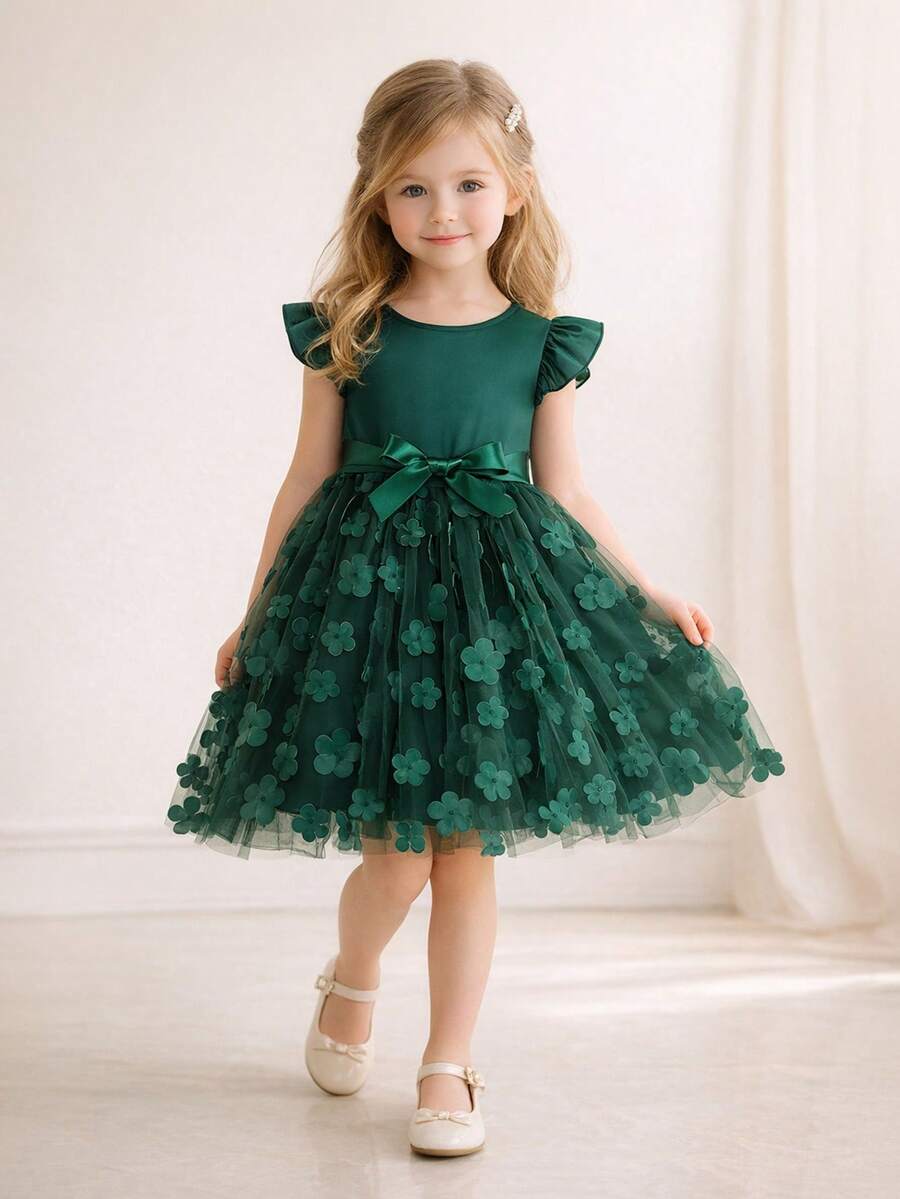 Đầm công chúa màu xanh lá cây đậm cho bé gái, chân váy voan lưới hoa 3D, eo thắt, đầm dự tiệc sinh nhật. - màu xanh lá - Xem 1