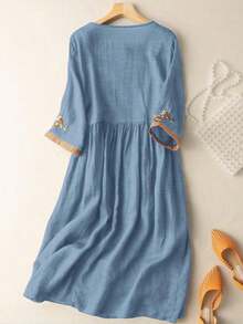 优雅宽松圆领刺绣休闲通勤长裙，乡村/波西米亚风格，女士度假装，商务休闲夏季 - 灰藍色 - 查看 3