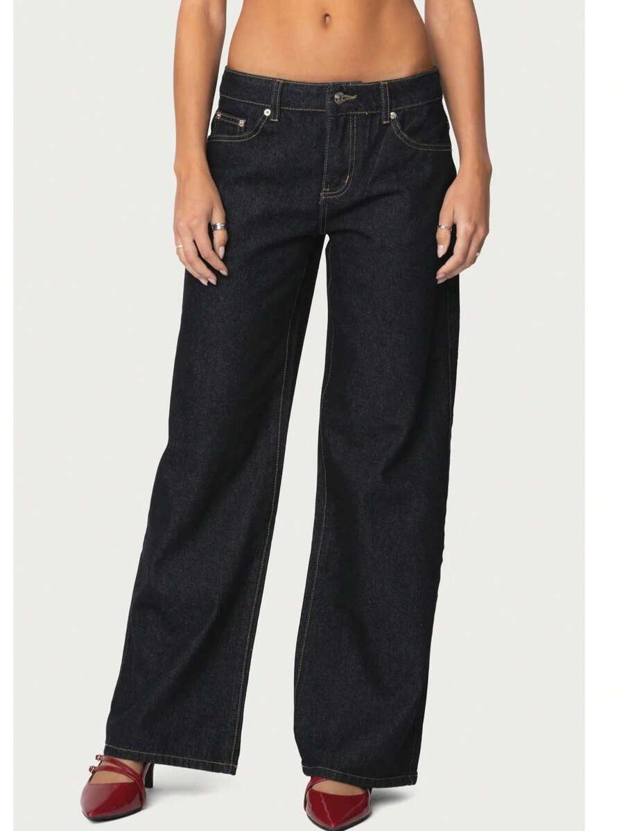 Edikted Women's Wide Leg Jeans Baggy Jeans Low Waist Stretch Boyfriend Denim Pants Vintage Trousers With Pocket - màu đen - Xem 1