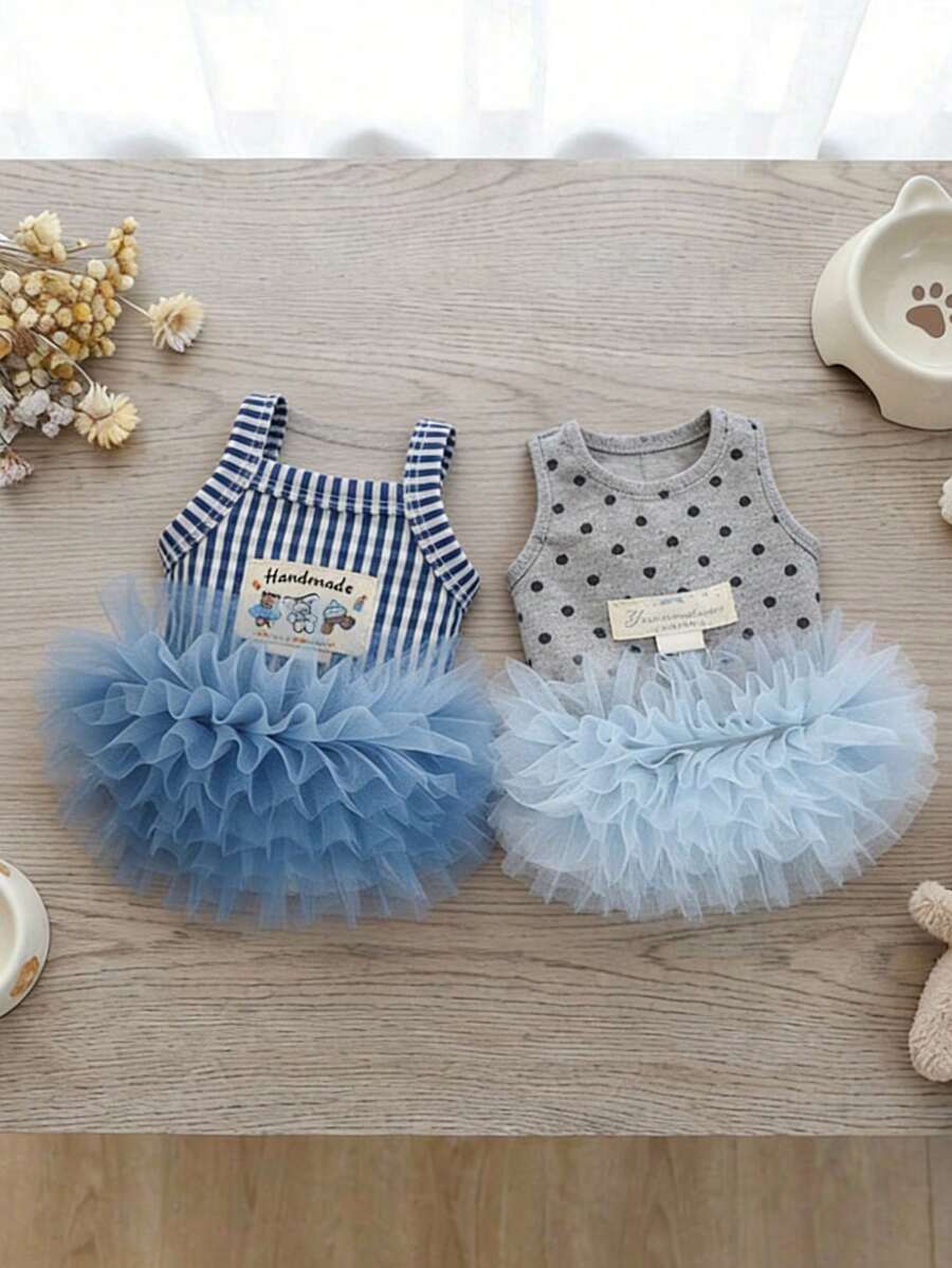 可爱条纹/爱心印花宠物胸背带裙,带牵引环,柔软薄纱裙摆,适合小型/中型犬,手工制作的甜美宠物服装 - 彩色 - 查看 1