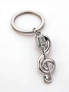 1pc Creative Microphone Shaped Keychain, Fashionable Music Note Pendant Metal Music Symbol Keyring, Interesting Gift For Friends - Silver - View 2