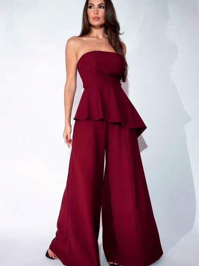 Conjunto Feminino Top Peplum Assimétrico e Calça Pantalona Elegante Marrant
