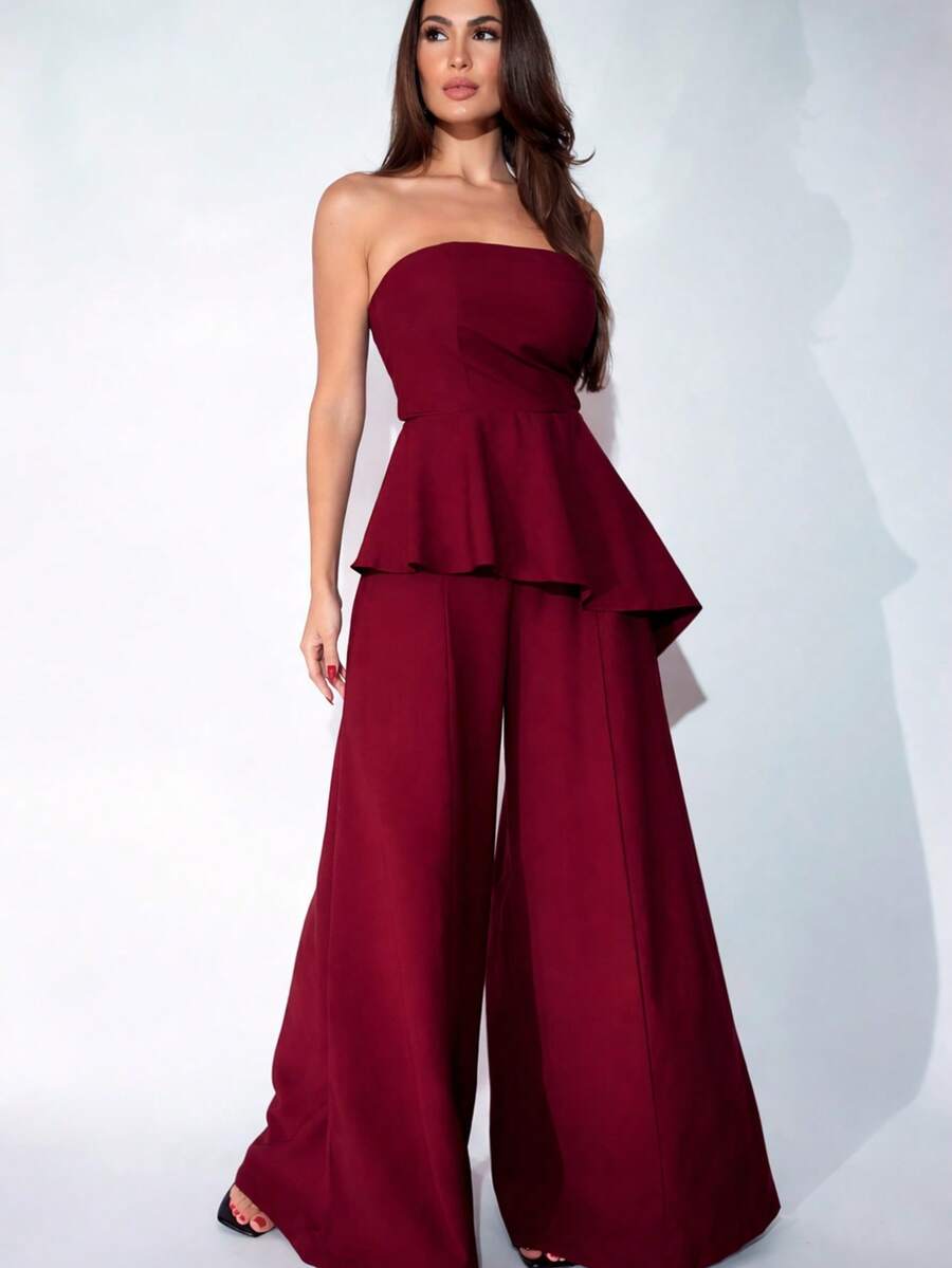 Women's Set: Asymmetrical Peplum Top And Elegant Wide-Leg Pants By Marrant - 酒紅色 - 查看 1