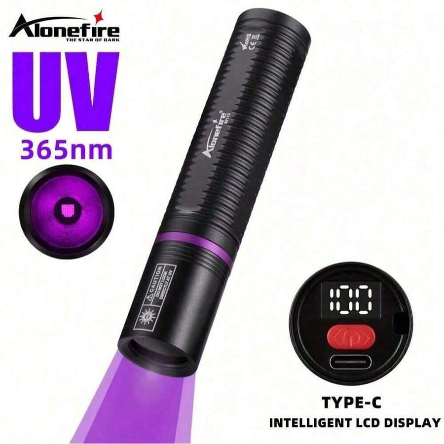 Alonefire SV113 395nm/365nm 紫外灯，USB 充电，LCD 电量显示，LED 手电筒，紫外黑光灯，高亮度树脂凝胶美甲固化灯，宠物尿渍、隐形墨水、矿物、硬币、蝎子荧光检测器