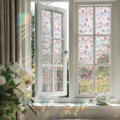 1/6 piezas Película de ventana con patrón de flores de cerezo rosa arcoíris, atrapasol con diseño floral, adhesivo decorativo de vidrio a prueba de agua y sin pegamento