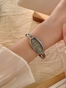 1 chiếc đồng hồ nữ thanh lịch, mặt số xanh lá cây, gọng bạc vàng, kiểu dáng tối giản, thường ngày. - Bạc - Xem 6