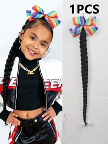 1pc Kids Synthetic Wig With Bow Braid Ponytail, Fluffy Fried Dough Braid Ponytail Wig - Natural Black - View 12