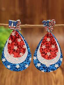 1对爱国主义美国独立日耳环，250周年纪念红白蓝星条纹闪光水滴形PU皮革耳环 - 彩色 - 查看 7