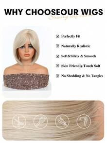 10英寸金根深色发根假发，金色短直波波头假发，耐热合成刘海假发（女士款），黑白中分短直发假发，美丽日常女士合成假发 - 金色 - 查看 6