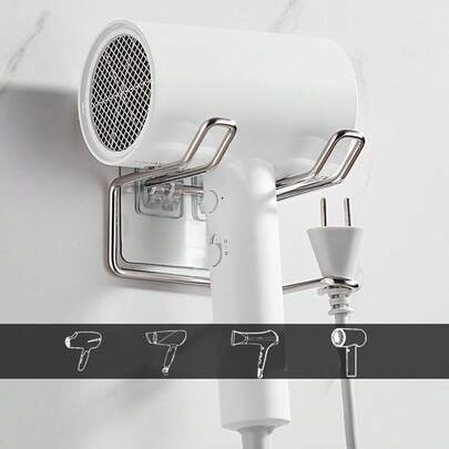 1pc Stainless Steel Hair Dryer Holder, No Drilling Required, Bathroom Storage Rack, Space-Saving Wall Mount, Silver Color, Suitable For Bathroom And Salon Use
