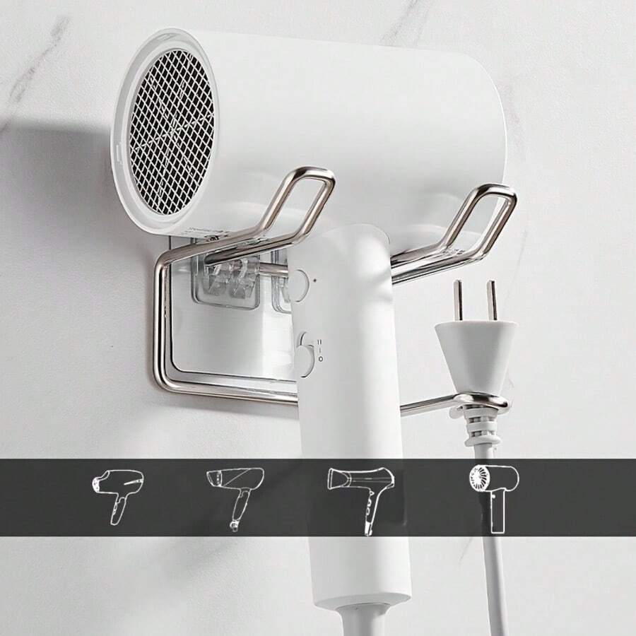 No Drill Wall Mount Stainless Steel Hair Dryer Holder Silver Space Saving Storage Rack For Bathroom Salon