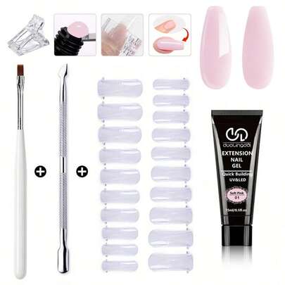 4-Piece Nail Extension Glue Set - Nail Art Set - Pink Extension Glue - Includes Nail Brush, Sanding Block, Nail Clipper And 20 Nail Pieces - Perfectly Suitable For Beginners To Create DIY Nail Art