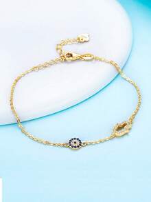 Kaletine 1件925纯银哈姆萨之手和邪眼吊坠，镶嵌蓝色锆石，女士手链，土耳其珠宝 - 金色 - 查看 5