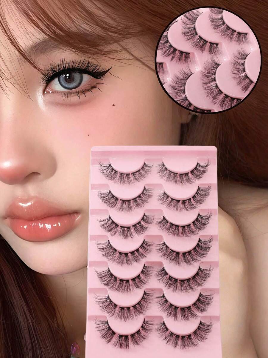 7对凌乱卷翘的人造假睫毛，全多层3D欧美网红假睫毛