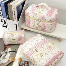 1 pieza/Set Organizador de cosméticos multifuncional de gran capacidad con estampado floral a cuadros, bolsa portátil con cremallera para brochas de maquillaje, caja de almacenamiento de cosméticos, bolsa de cosméticos, estuche de maquillaje pequeño, artículos esenciales de viaje, accesorios para mujer, suministros de viaje - Multicolor - Ver 2