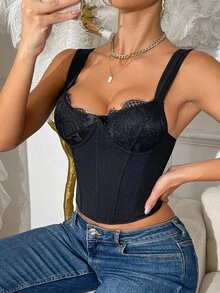 Haut corset à patchwork de dentelle sexy, top court galbant et affinant la taille - Noir - Voir 5