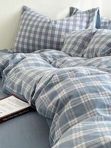 4pcs/Set, Plaid Design Blue Minimalist Style Soft & Thick High-End Bedding Set (1 Duvet Cover + 1 Bed Sheet + 2 Pillowcases), Not Including Quilt & Pillows, Random Printed Pillowcase Pattern - Dusty Blue - View 2