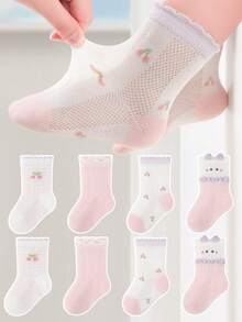 4 đôi tất trẻ em, thiết kế nơ hồng hoạt hình, tất dài đến bắp chân hình quả anh đào dễ thương cho bé gái, đa năng cho mặc hàng ngày. - Nhiều màu - Xem 8