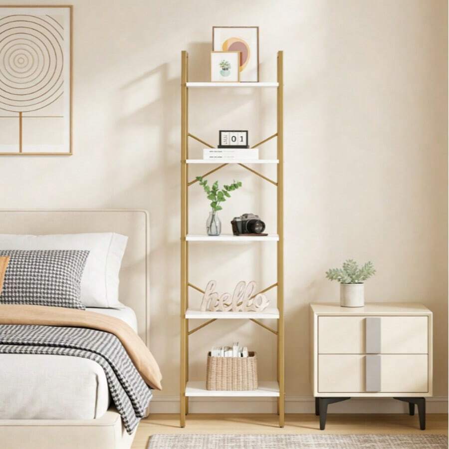 Gold 5-Tier Ladder Shelf, Freestanding Corner Storage Shelve With 2 Hooks, Industrial Home Decor For Home Office Bedroom - Xem 1