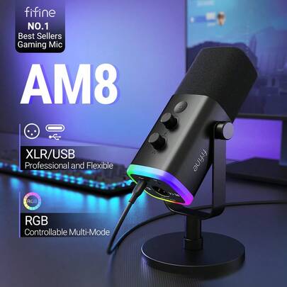  Microphone de jeu FIFINE AM8 XLR/USB, convient pour la diffusion en continu, les podcasts, les PC, microphone RVB avec bouton de gain, bouton de sourdine, prise de surveillance, création de vidéos, enregistrement, microphone de jeu (version mondiale)