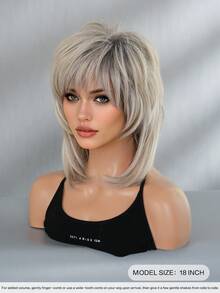 7JHH WIGS 短款米灰色蓬松层次感80年代鲻鱼头精灵假发，带刘海，狼式卷发，合成材质，自然趣味，成人假发，适合日常、派对、角色扮演、万圣节等场合，16英寸 - 淺灰色 - 查看 4