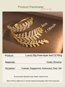 jealous young 1pc Luxury Big Three-Layer Leaf Shape Cubic Zirconia Women Rings,Fashion Unique Geometry Copper Ring,Suitable Daily Wear,Engagement/Wedding Banquets - Yellow Gold - View 3