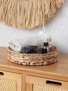 1pc/3pcs Handwoven Round Storage Basket, Round Serving Tray, Camping Living Room Farm Display Tray, Woven Gift Tray, Shelf Basket, Suitable For Storing Small Household Items - Khaki - View 7