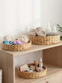 1pc/3pcs Handwoven Round Storage Basket, Round Serving Tray, Camping Living Room Farm Display Tray, Woven Gift Tray, Shelf Basket, Suitable For Storing Small Household Items - Khaki - View 6