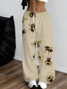 Casual Loose Fit Wide Leg Pants Beige Bee Print Design Comfortable Sweatpants For Leisure And Sports Activities - Multicolor - View 1